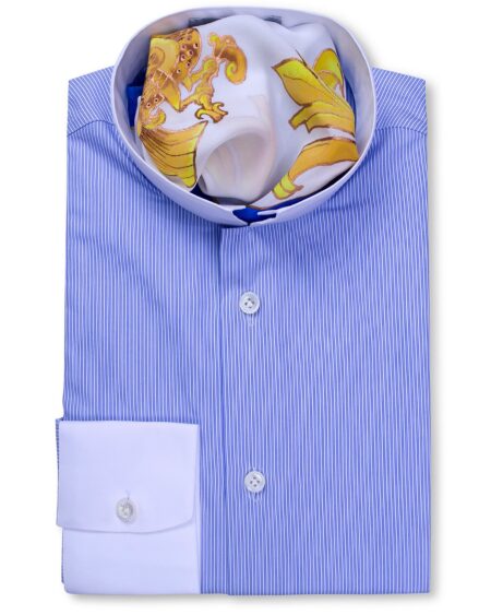Stand Collar Blue Striped Tailored Fit Shirt