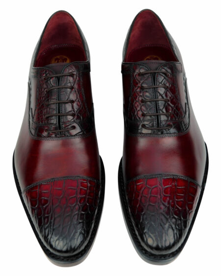 Crocodile and Calf Leather Cap-Toe Burgundy Shoes
